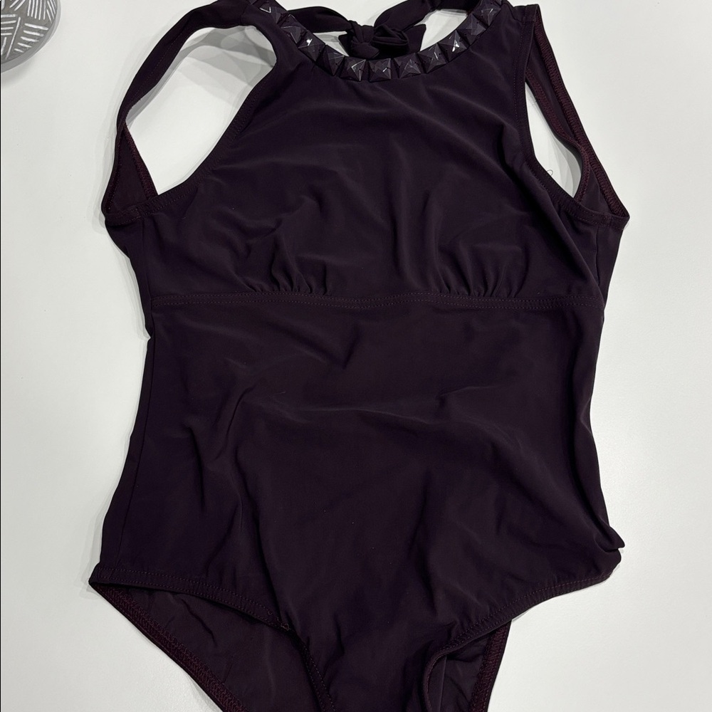 Karla Coletto One Piece Halter Eggplant Swimsuit / Stone Embellishment Size 10
